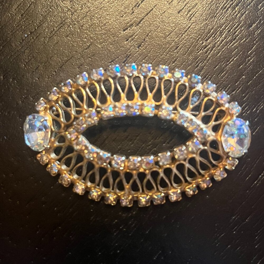 Vintage Gold Tone Oval Open Work Brooch with Aurora Borealis Stones AB